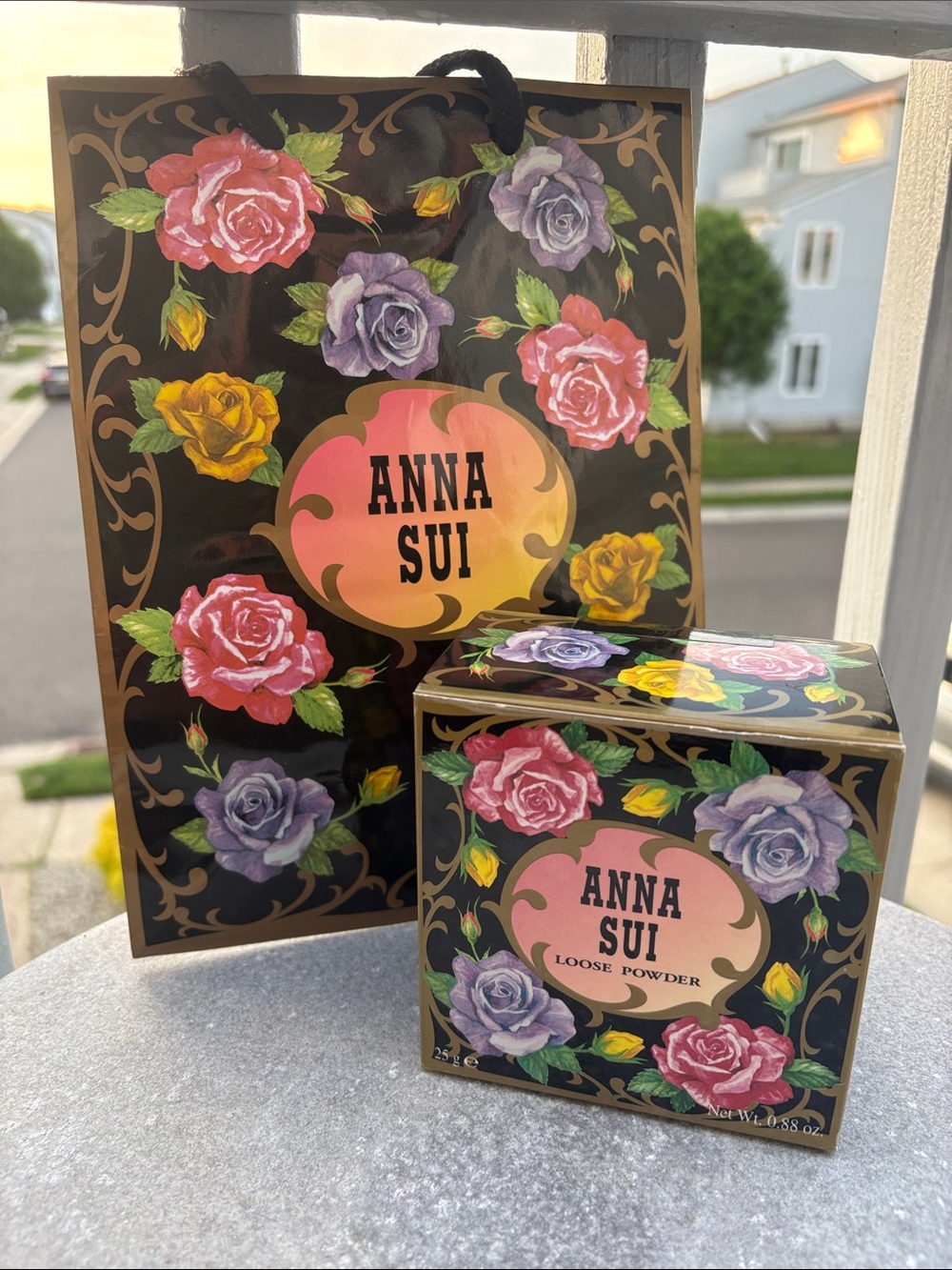 Anna Sui Black Floral Loose Powder Box with Pink, Purple & Yellow Roses